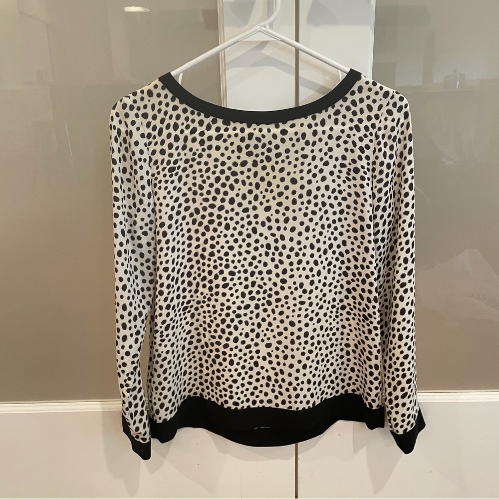 LOFT Black and White Dot Print Long Sleeve Top with Contrast Trim